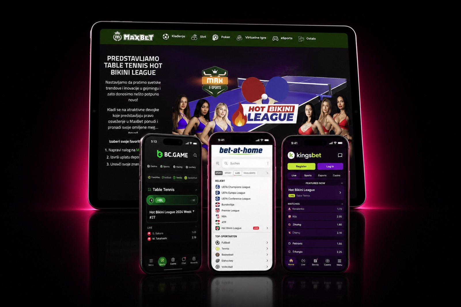 HBL live content on a MaxBet tablet with BC.Game, bet-at-home and Kingsbet phones